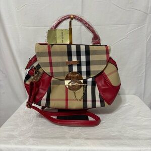 Source Unknown Red and Beige Plaid Satchel with Gold Hardware